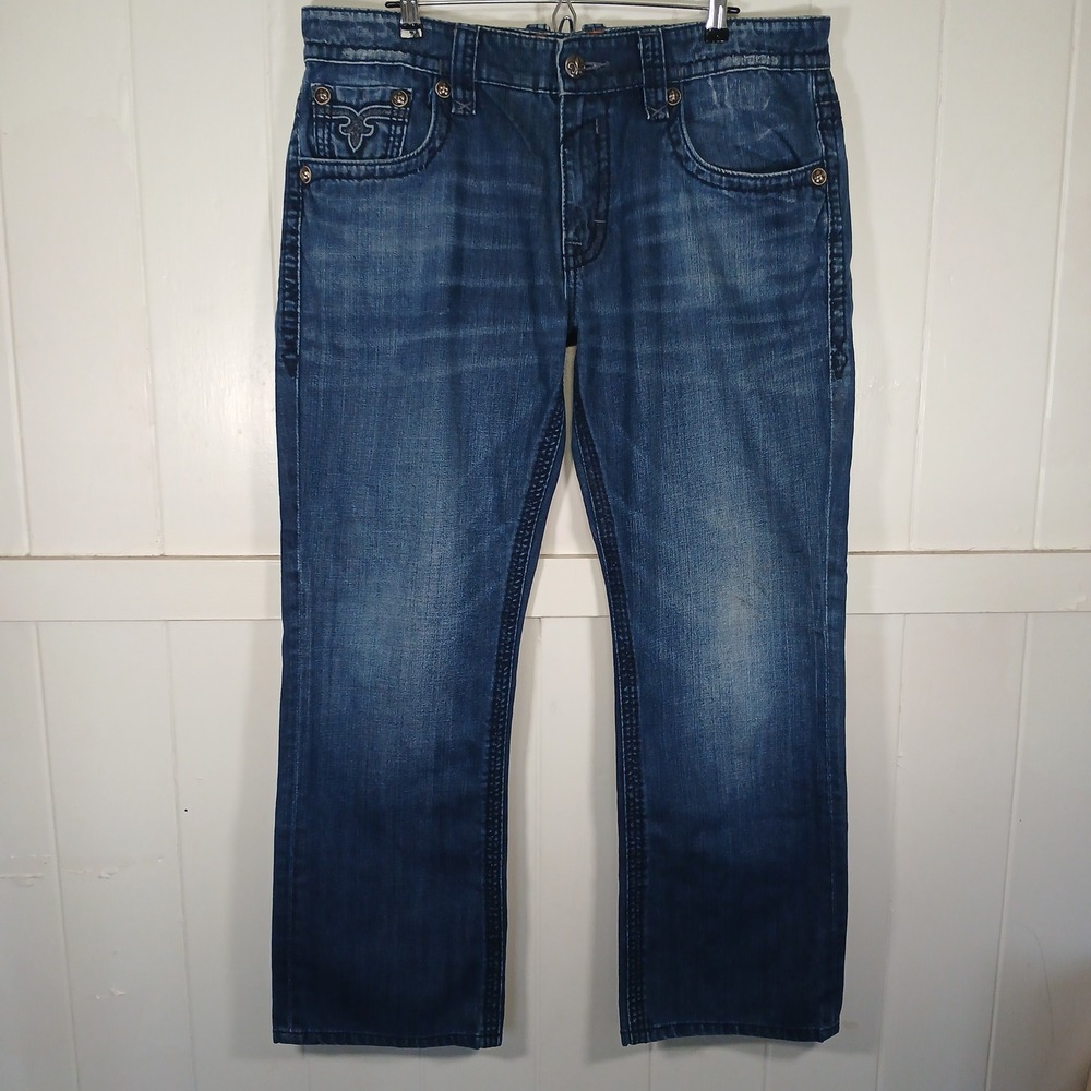 Rock Revival Preston Straight Jeans Mens 38x32 Blue Embroidered Pockets RJ8785T8